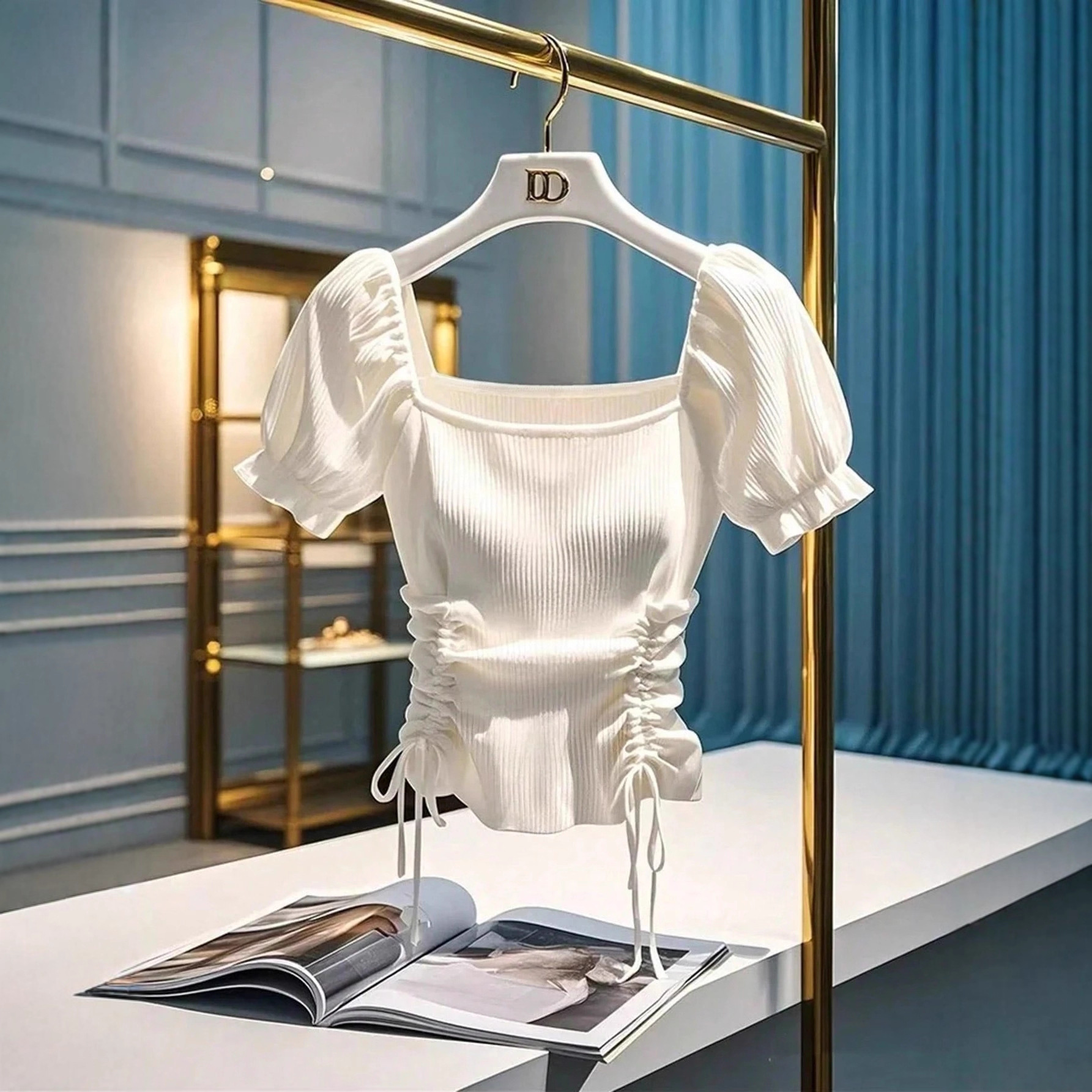 Square Neck Puff Sleeve Drawstring Blouse