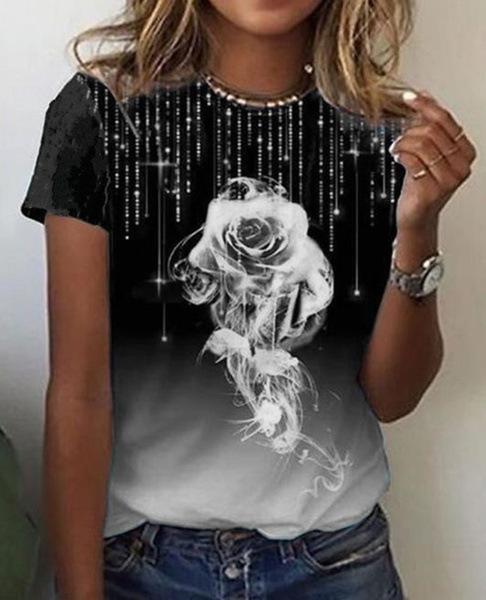 Women's Rose Print Short Sleeve Crew Neck T-Shirt