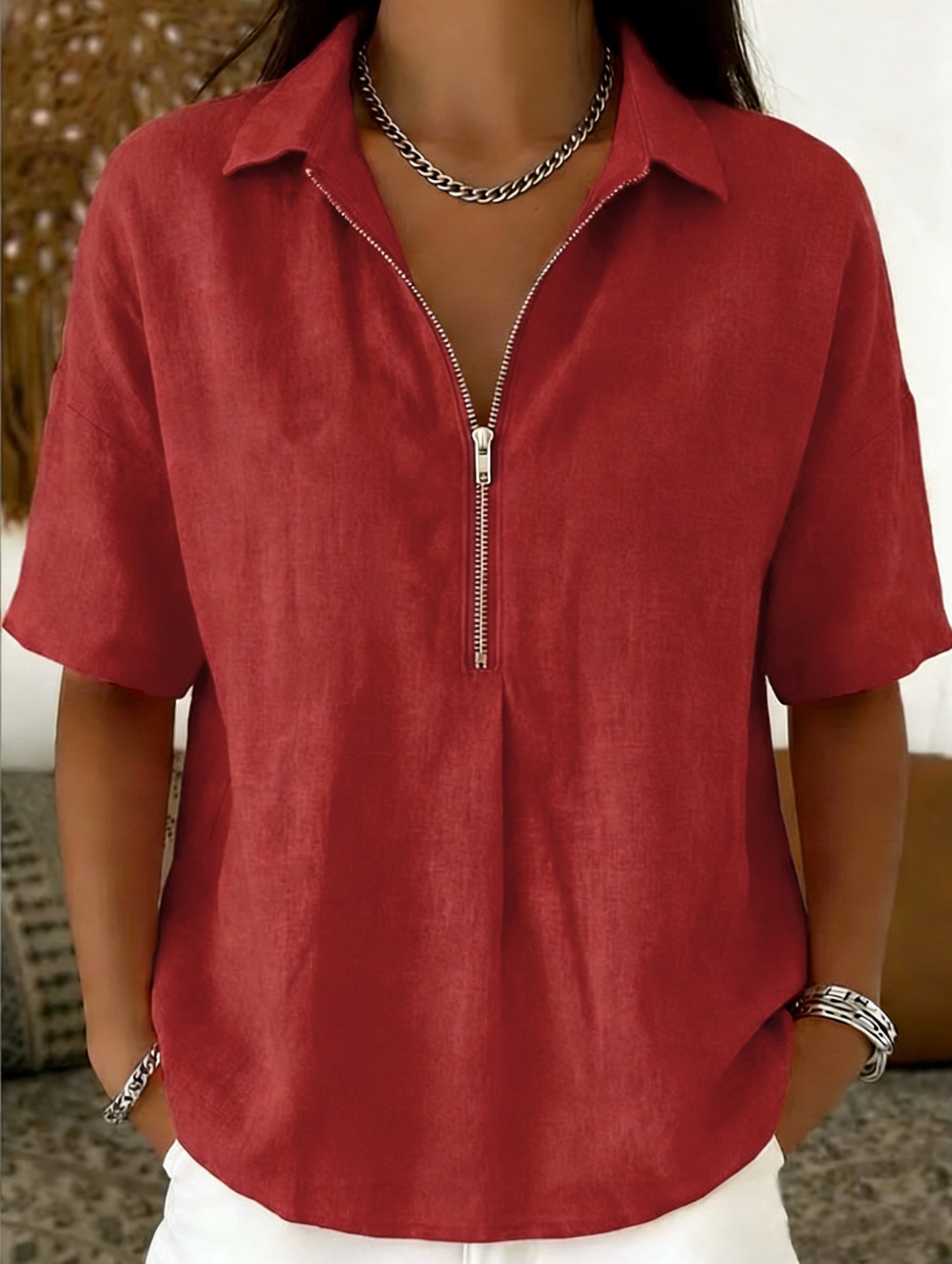 Women's Solid Color Zip Short Sleeve Shirt