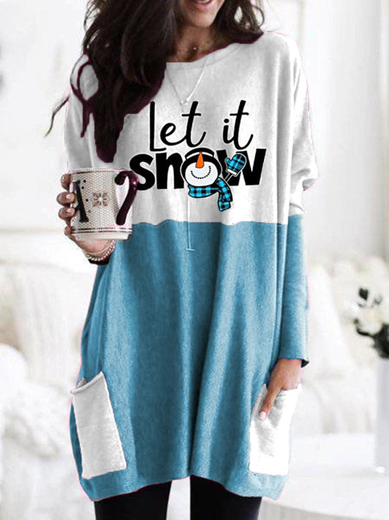 Christmas Letter Snowman Print Crewneck Long-Sleeve T-Shirt