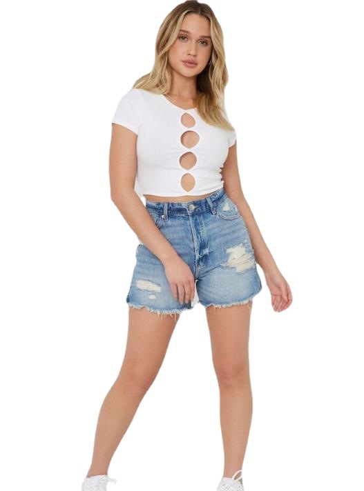Women's Solid Crewneck Short Sleeve Cutout Cropped T-Shirt