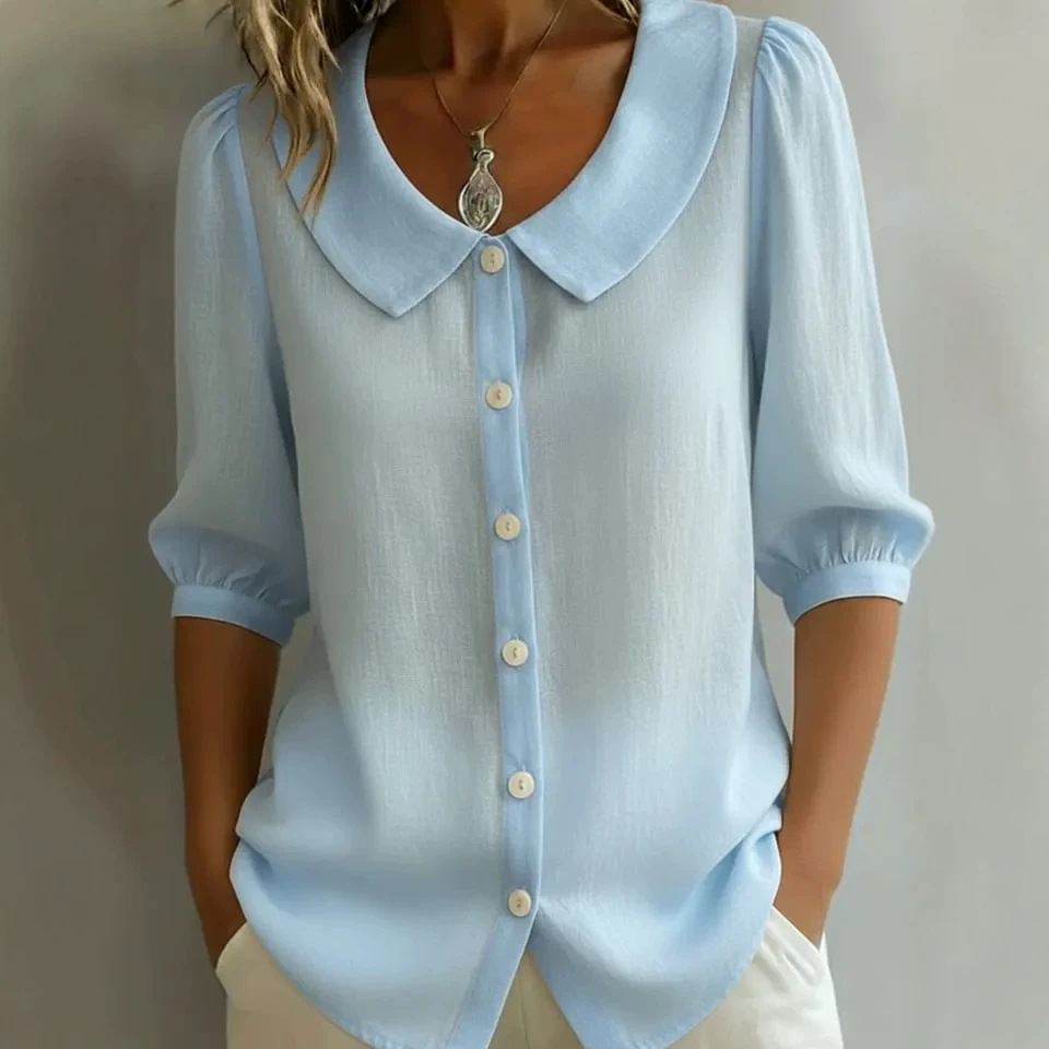 Women's Linen-Blend V-Neck Short-Sleeve Shirt Loose Casual Commuter Top