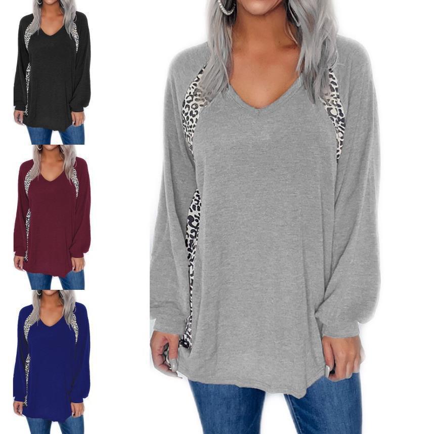 Women's Leopard Colorblock V-Neck Loose Long-Sleeve Pullover T-Shirt