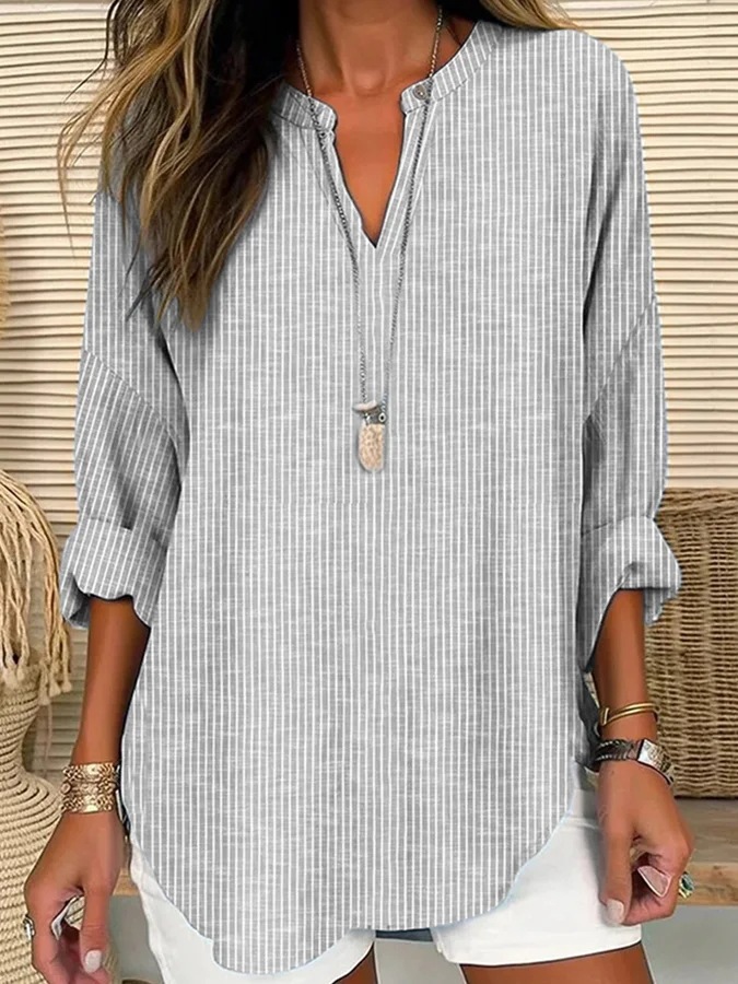 Women's Solid Print V-Neck Long Sleeve T-Shirt