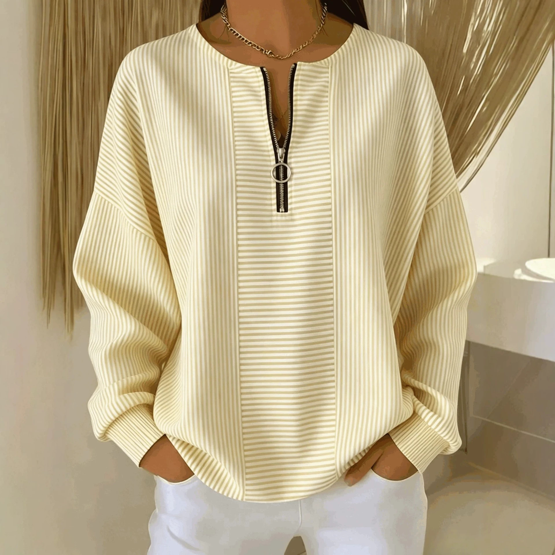 Striped Zip-Up Long-Sleeve Loose Drop-Shoulder Crewneck T-Shirt for Women