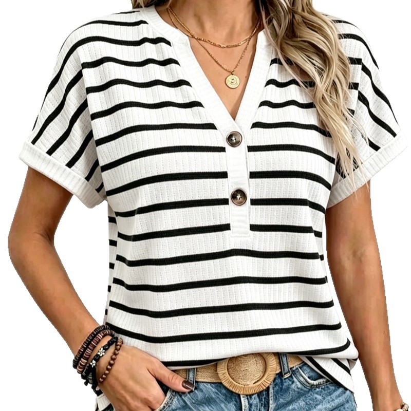 Women's Loose V-Neck Striped Waffle Knit Short Sleeve T-Shirt Casual Top