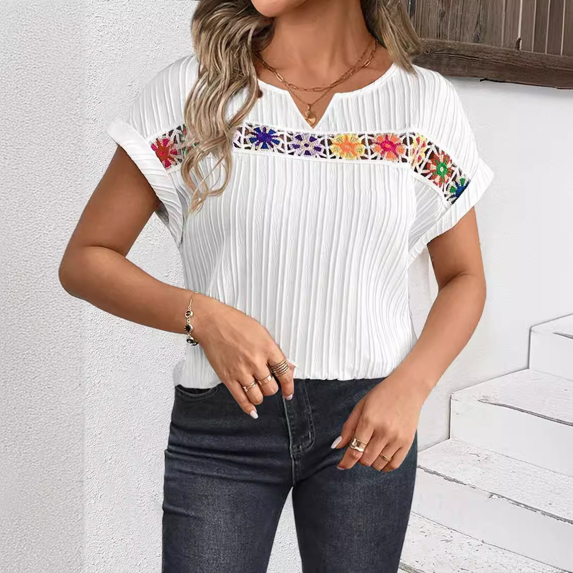 V-Neck Short Sleeve Floral Embroidered Panel Top
