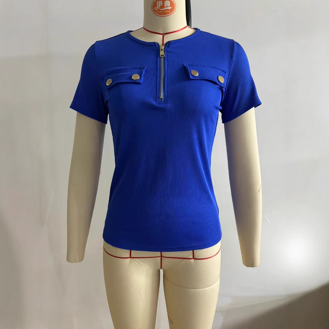 Women's Spring Summer V-Neck Zip-Up Knit Top Slim Fit Short Sleeve