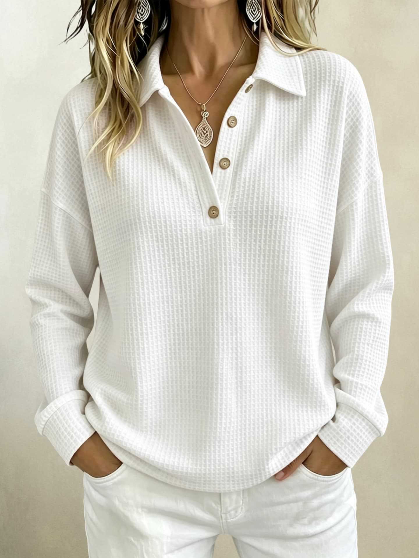 Waffle Knit Polo Collar Long Sleeve Top for Women Loose Half-Button Solid Color Henley Tee
