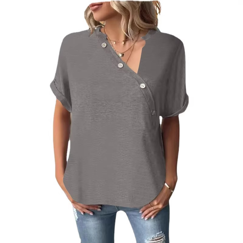 Women's Solid Twist Button Short Sleeve V-Neck Top