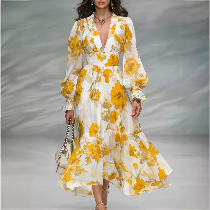 Elegant Vintage Floral Print Chiffon Midi Dress