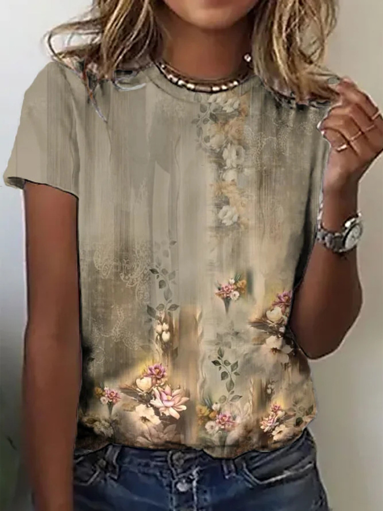 Women's Casual Round Neck Short Sleeve Digital Print T-Shirt