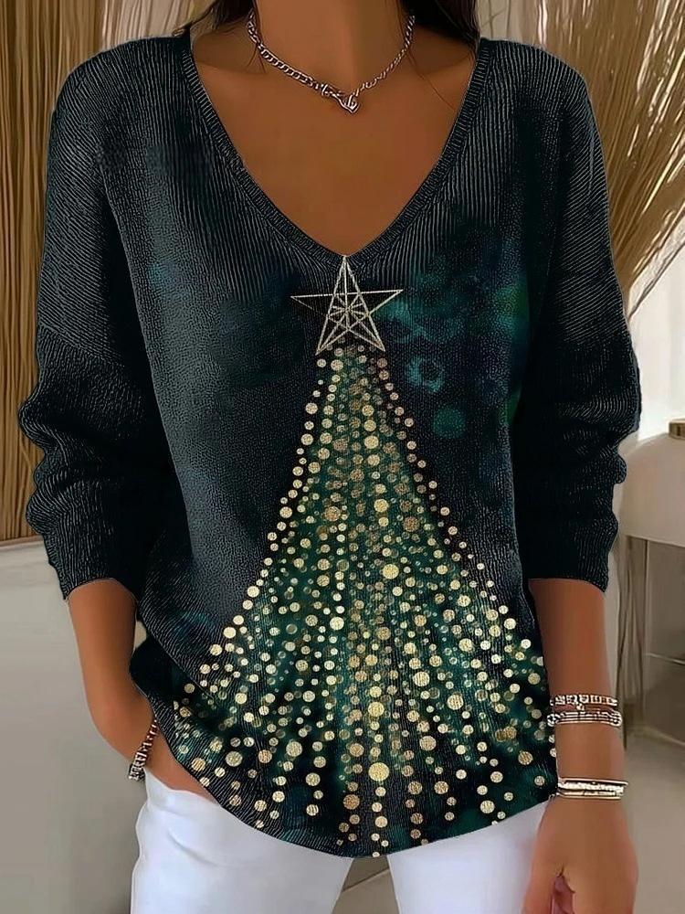 Halloween Plant & Tree Print V-Neck Long-Sleeve T-Shirt for Women