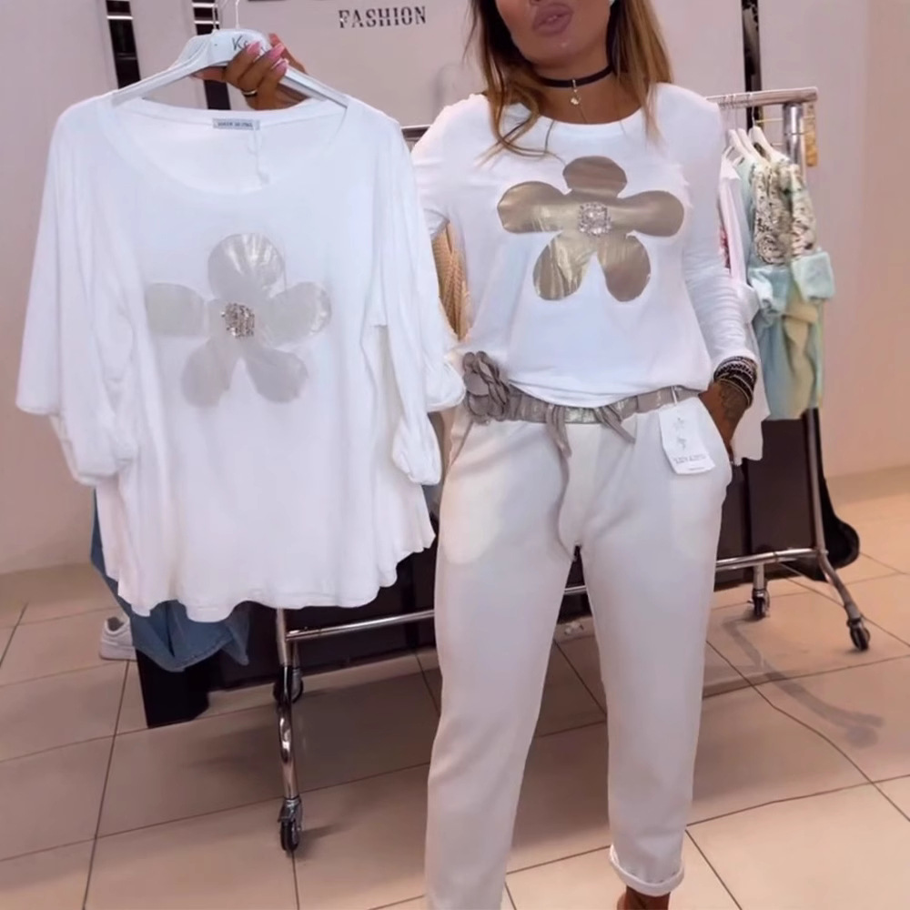 Women's White Floral Print Loose Fit Long Sleeve T-Shirt