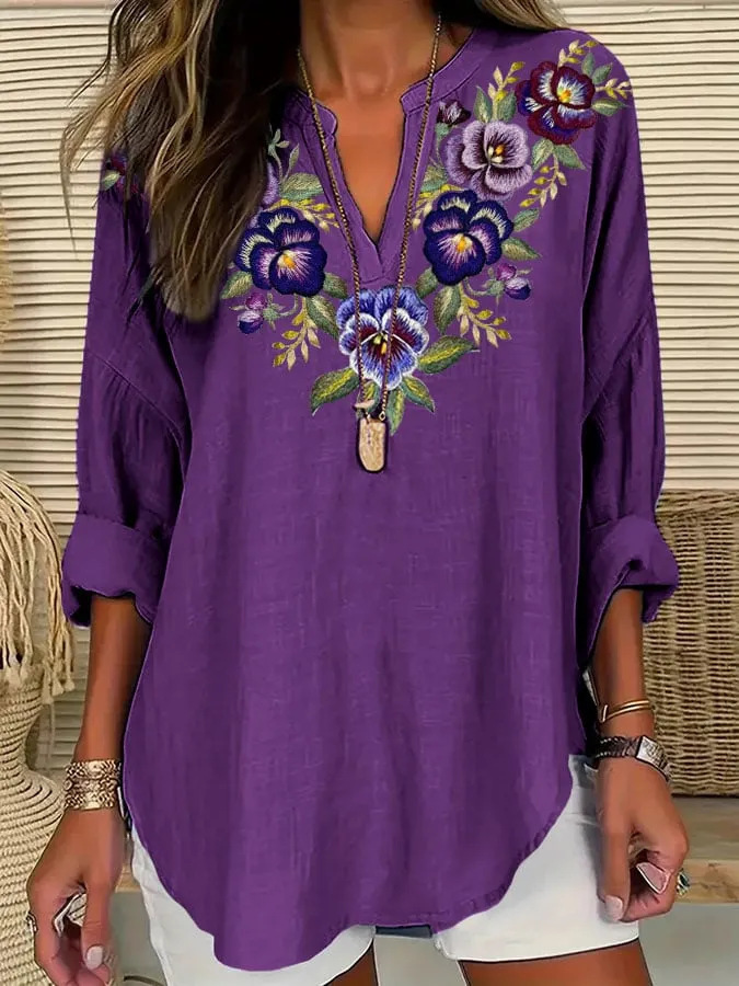 Floral Print V-Neck Long Sleeve T-Shirt for Women