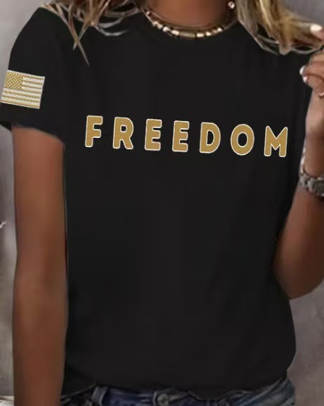 Freedom American Flag Print Crewneck Short Sleeve Women's Top