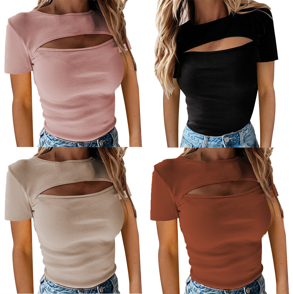 Women's Ribbed Cutout Short-Sleeve Top