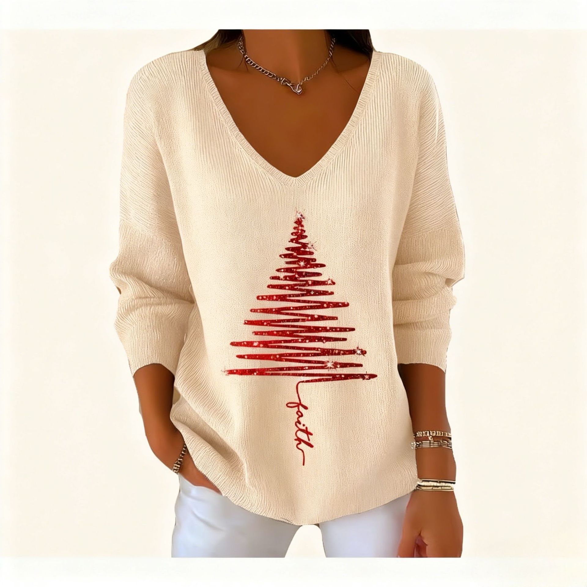 Women's V-Neck Long Sleeve Book & Christmas Tree Print T-Shirt