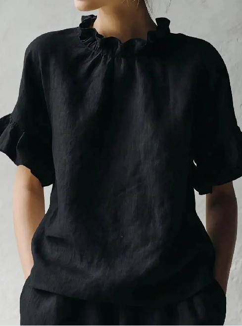 French Vintage Ruffle Ruched Crew Neck Cotton Linen Short Sleeve Top