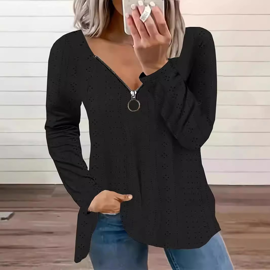 V-Neck Long-Sleeve Jacquard T-Shirt