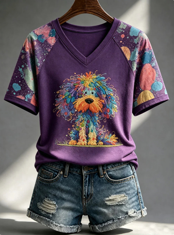 Women's Short Sleeve V-Neck T-Shirt with 3D Dog Print