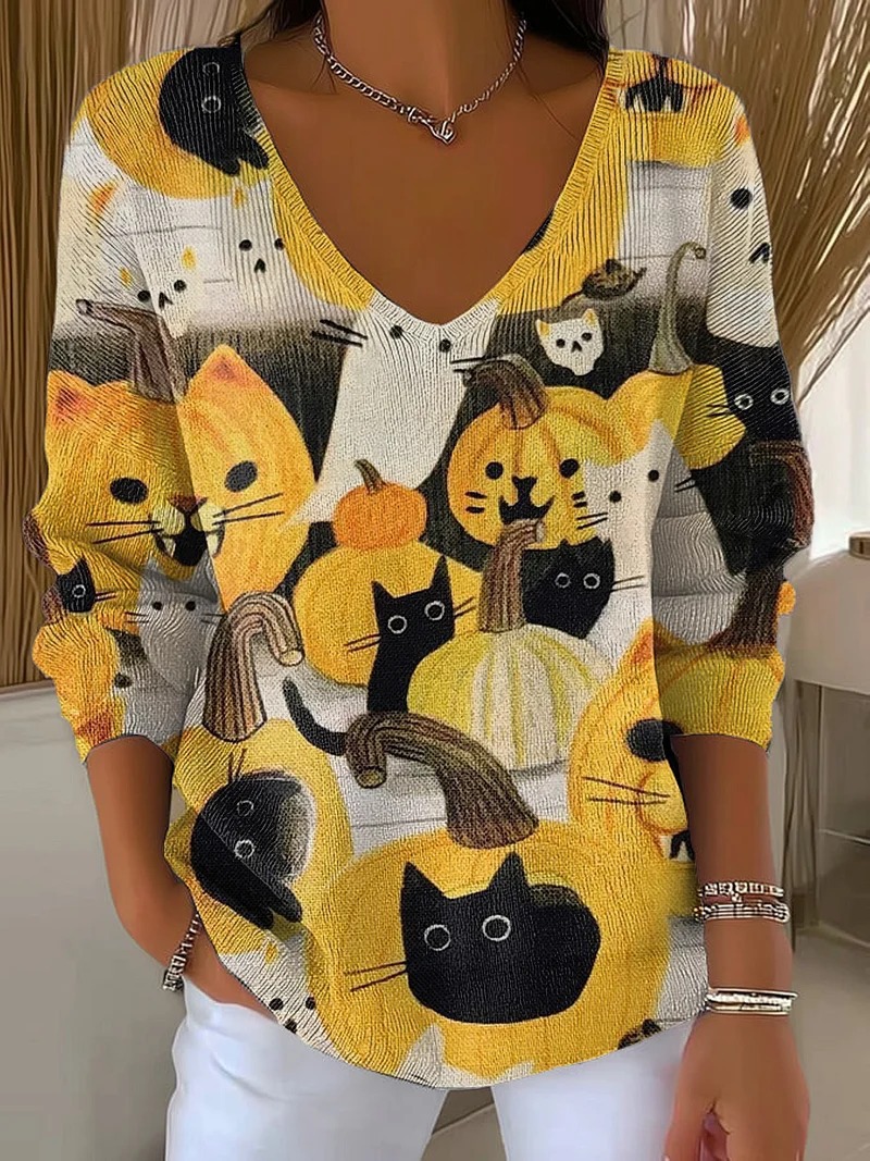 Women's V-Neck Long-Sleeve Cat Floral Pumpkin Print T-Shirt