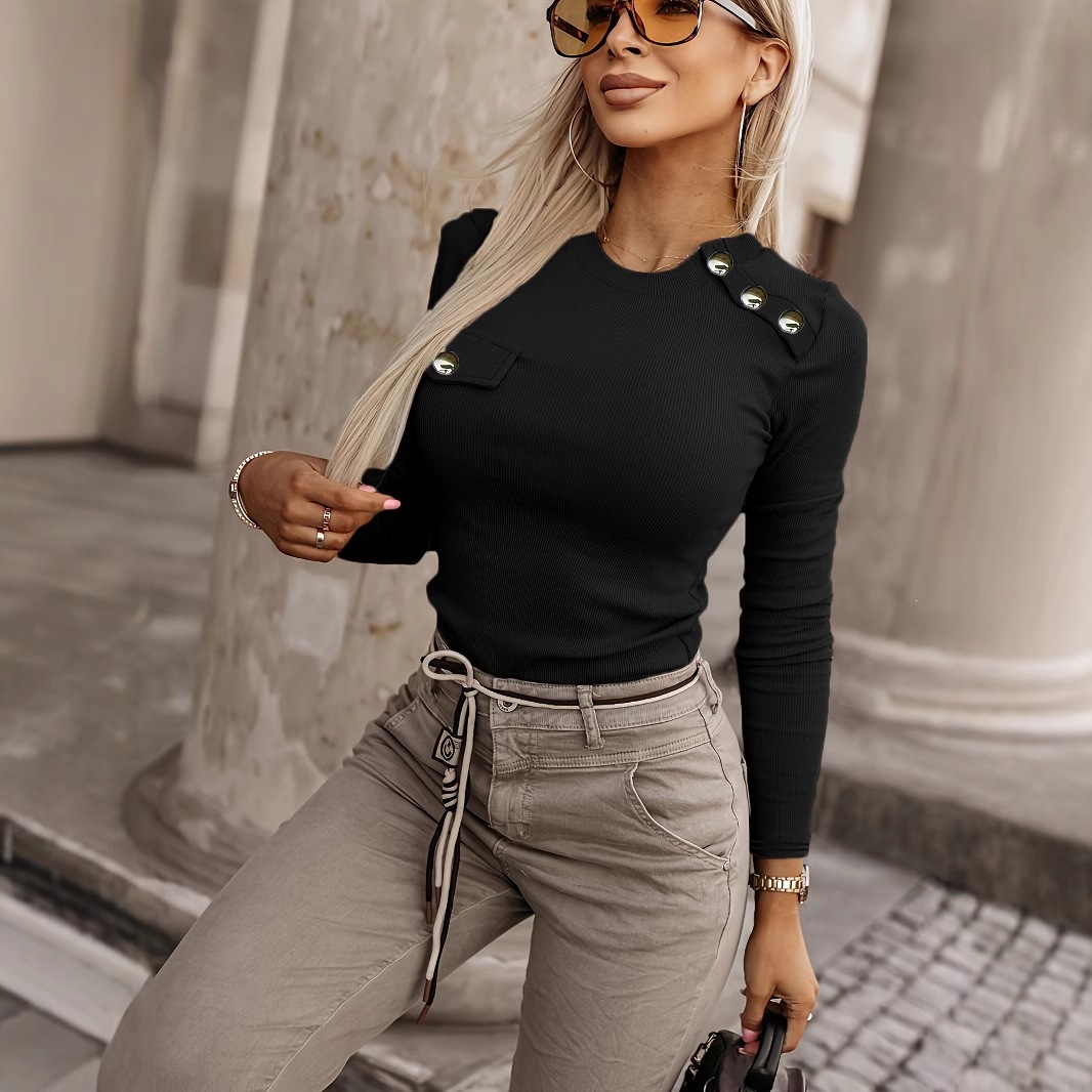 Elegant Women's T-Shirt Slim Fit Short Sleeve Crew Neck Button Detail