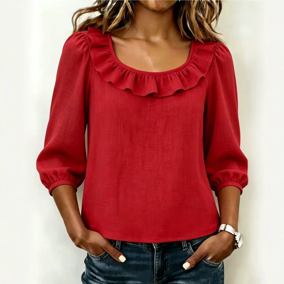 Women's Square Neck Ruffle Top with Puff Sleeves
