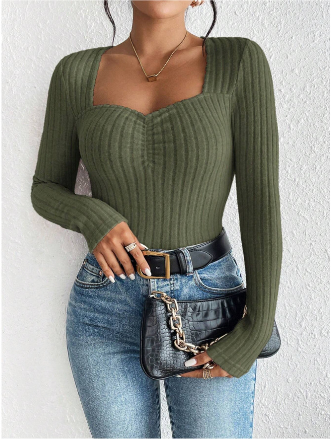 Women's Front Ruched Slim Fit Knit Long Sleeve Top