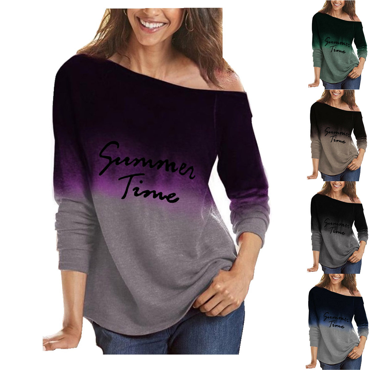 Women's Gradient Print Long Sleeve Crewneck Loose T-Shirt