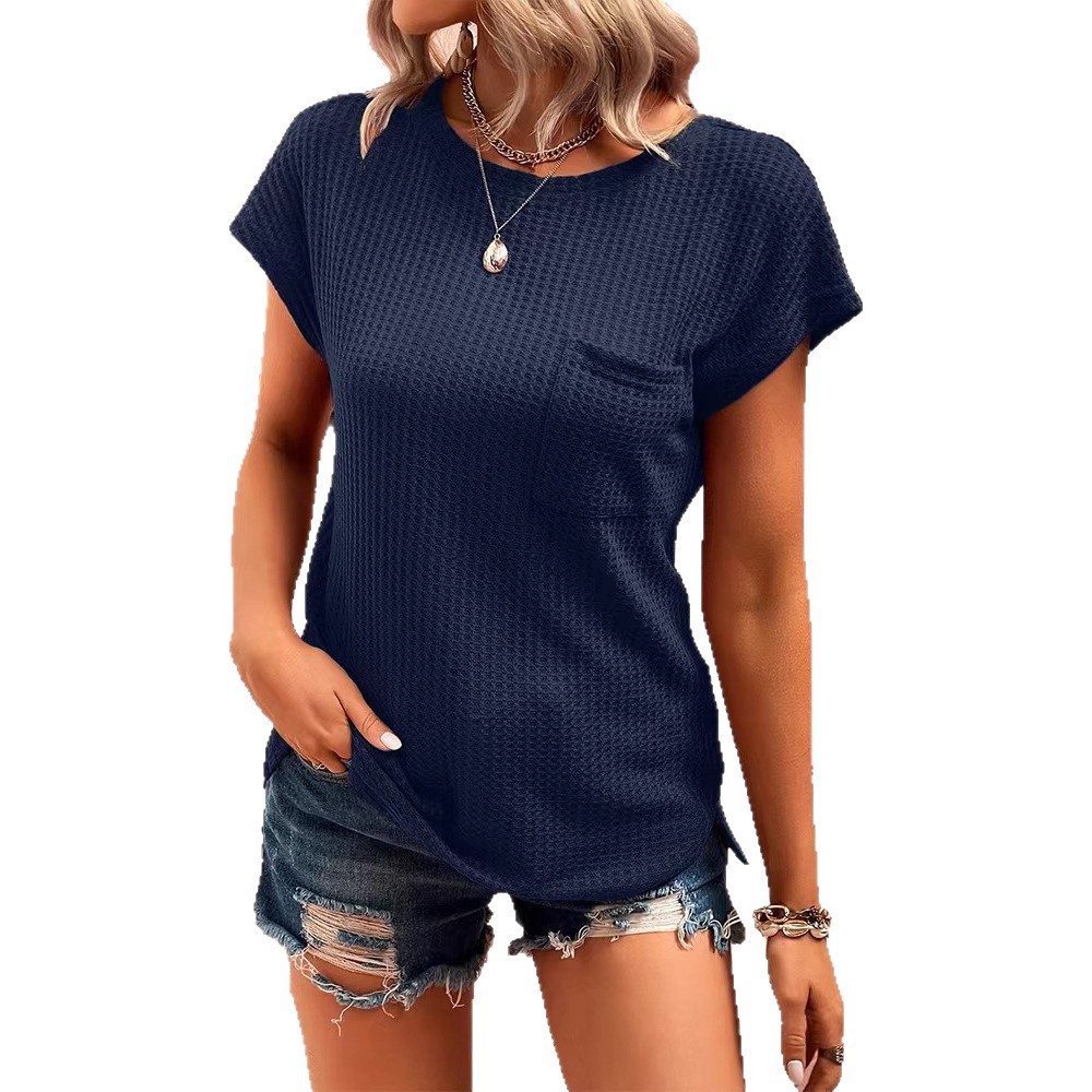 Women's Crewneck Knit Pocket Short-Sleeve Casual T-Shirt