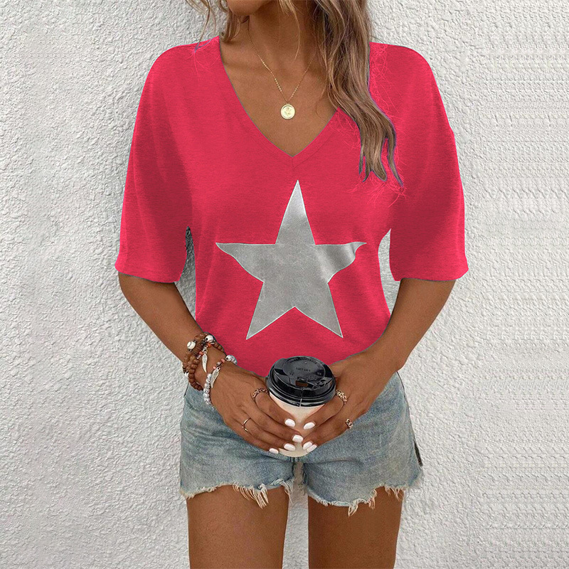 Women's V-Neck Short Sleeve T-Shirt Casual Loose Fit Top