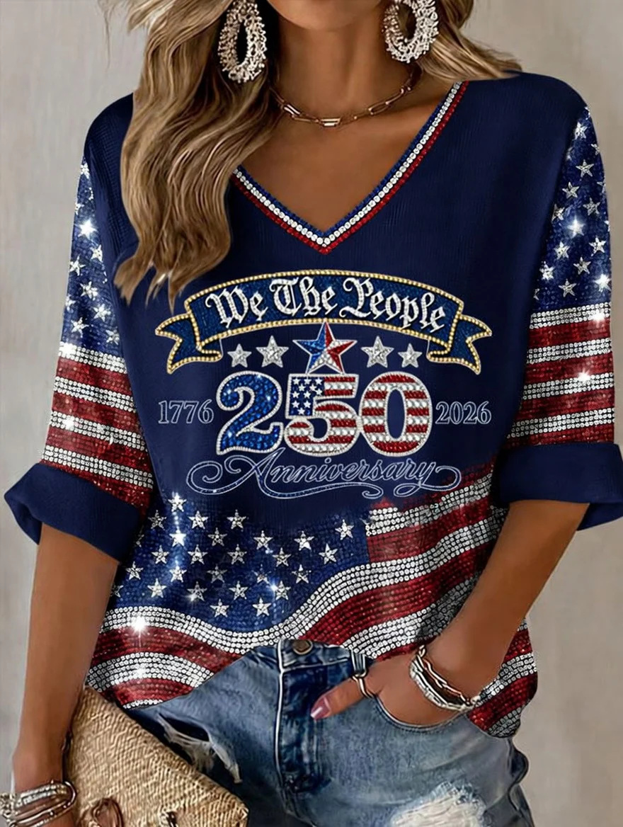 USA 250th Anniversary Print V-Neck Half-Sleeve Women's Top