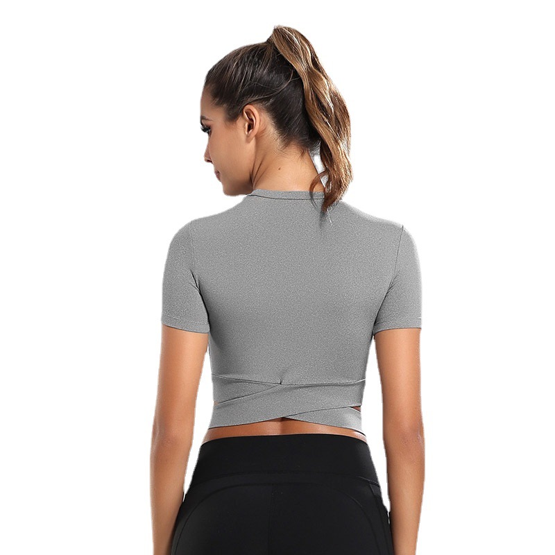 Women's Slim Fit Cross Strap Crop Top Short Sleeve Yoga Shirt