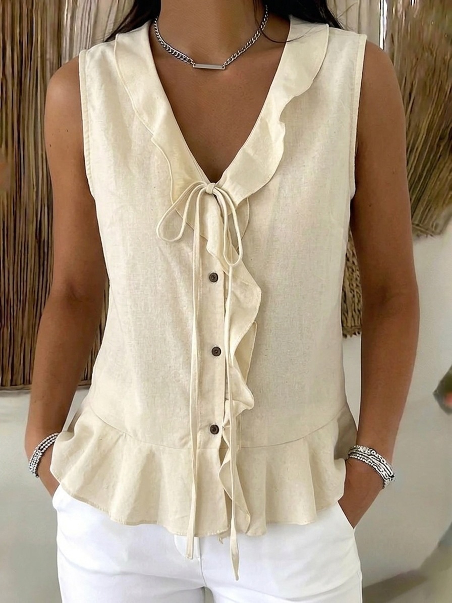 V-Neck Ruffle Tie Sleeveless Tank Top with Ruffle Hem Casual Women's Blouse