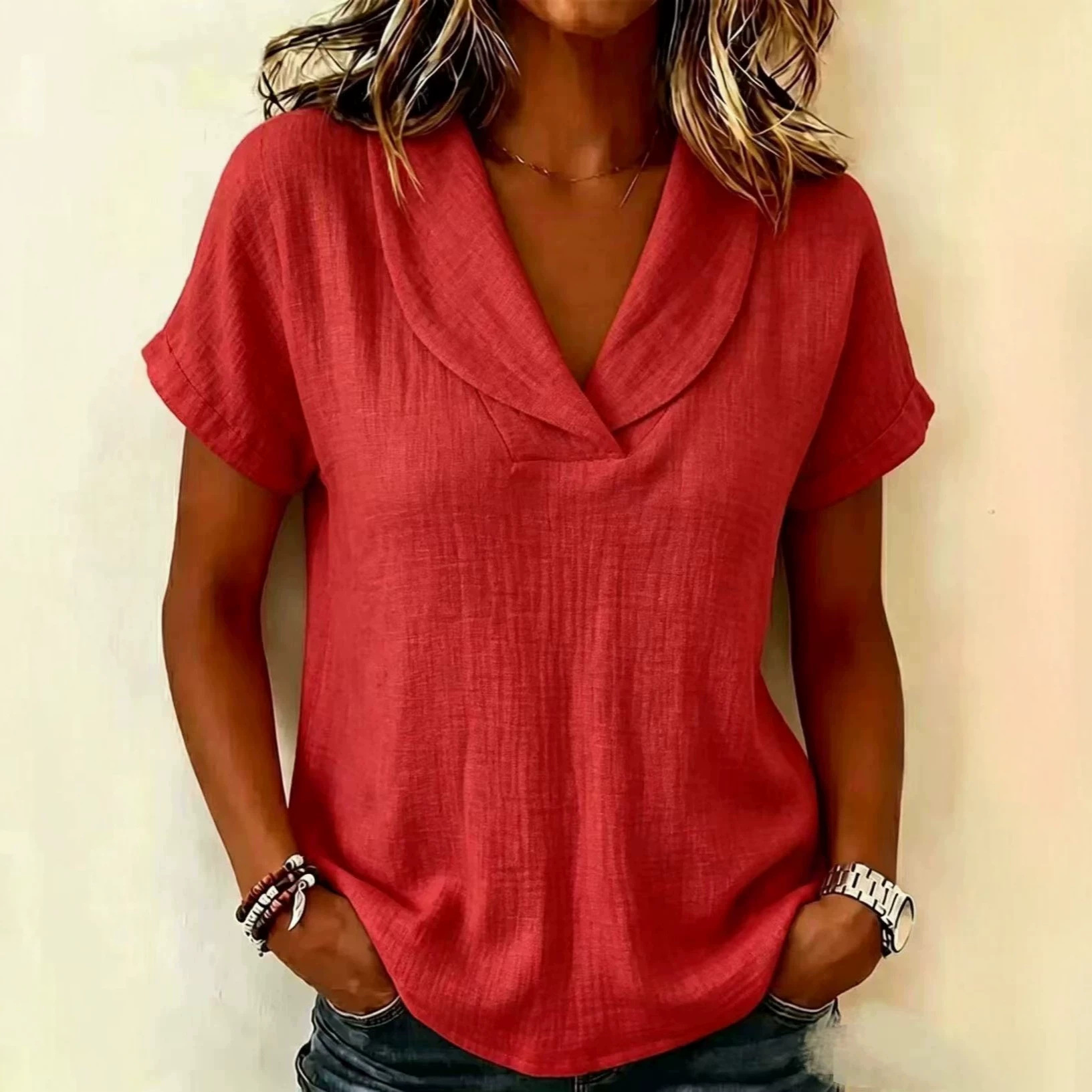 Women's Summer Knit Short Sleeve Top Linen Doll Collar Casual