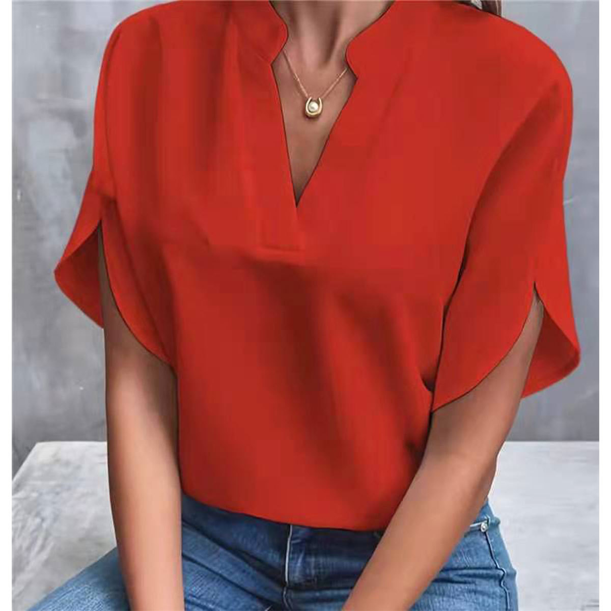 Women's V-Neck Short Sleeve Solid Color Casual Blouse