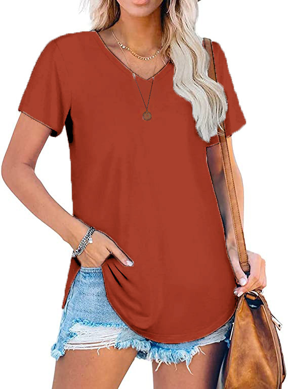 Women's V-Neck Knit Short Sleeve T-Shirt Loose Plus Size Solid Color Top