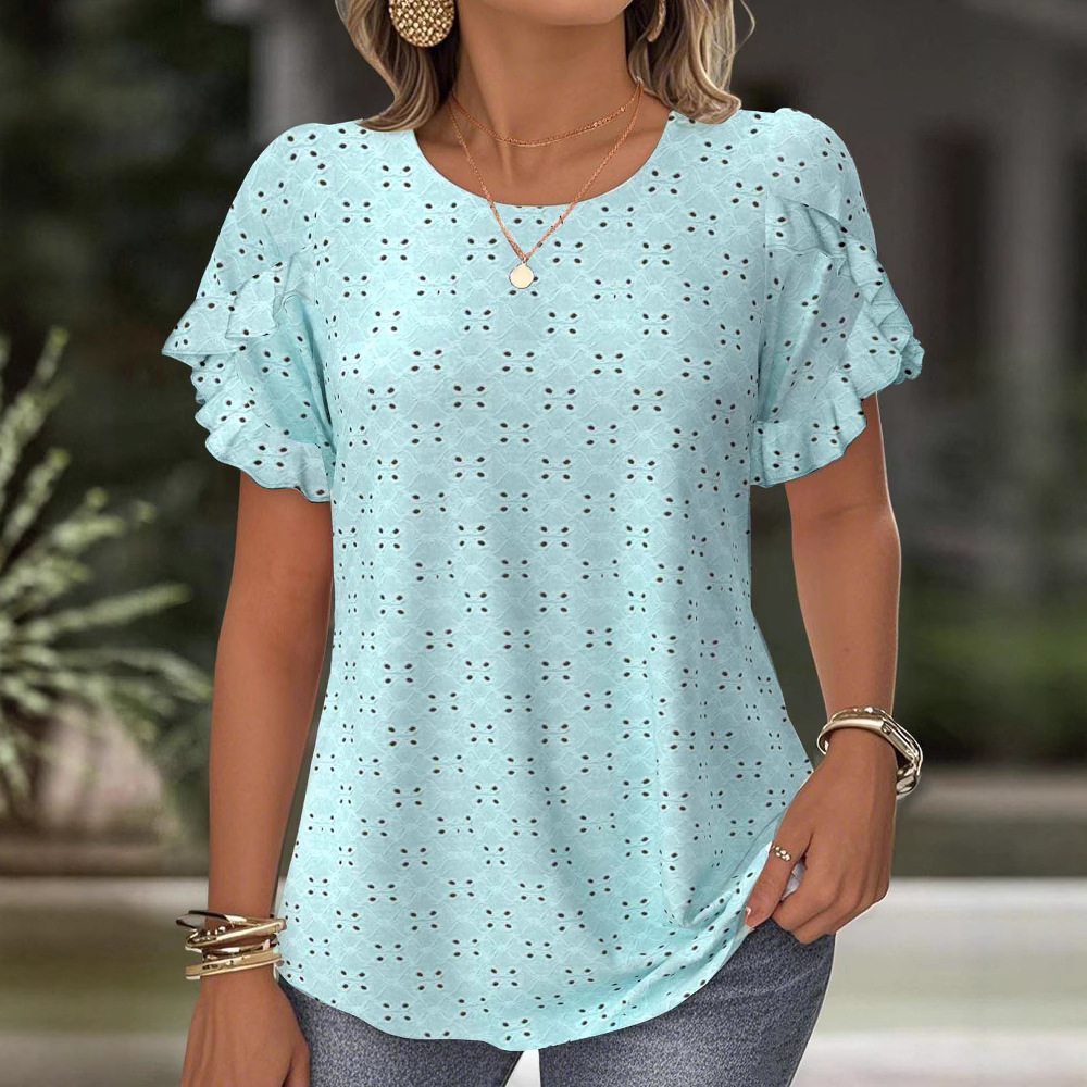 Women's Solid Color Lace Short Sleeve Hollow Out T-Shirt Casual Top