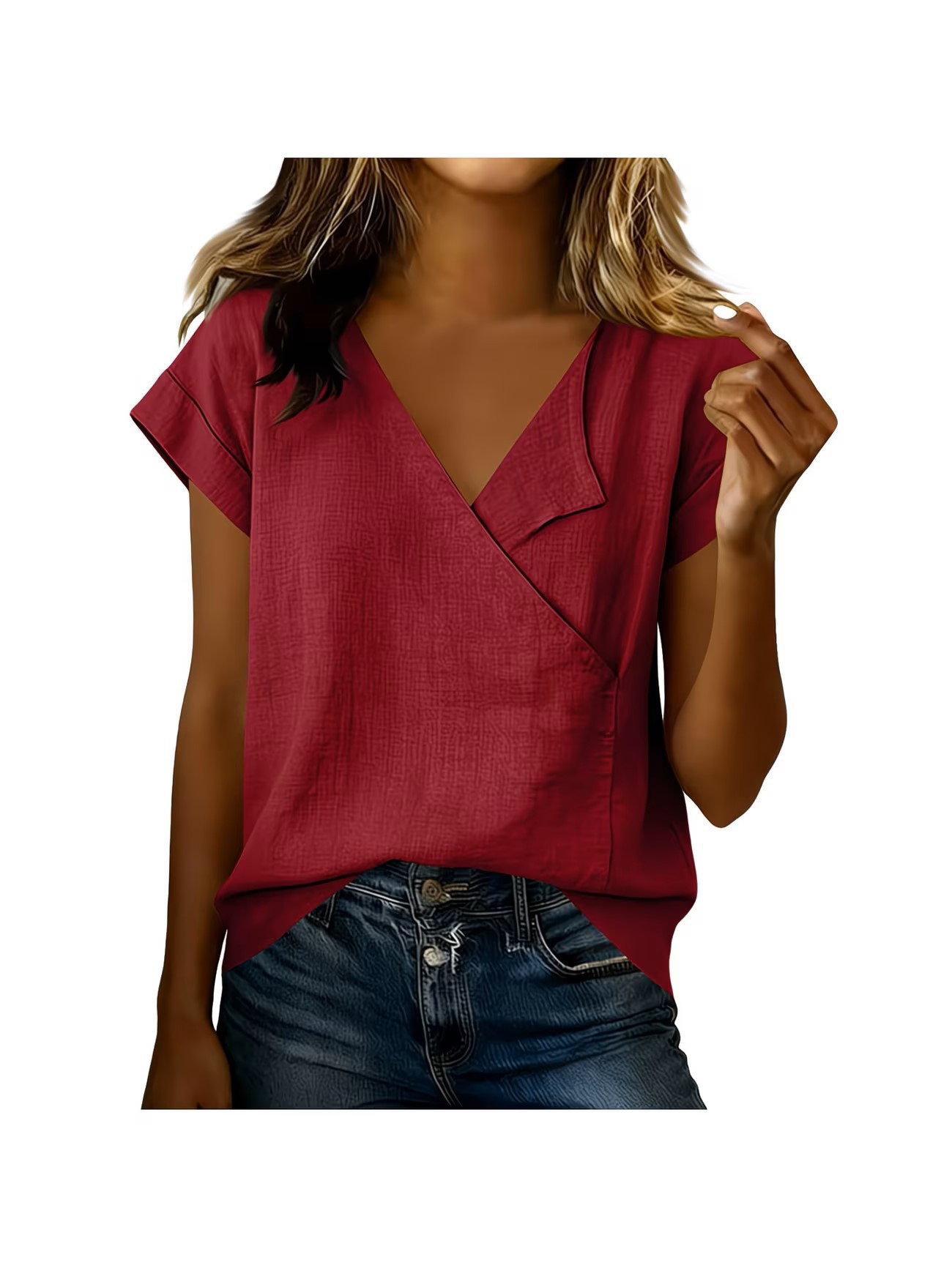 Women's Loose V-Neck Short-Sleeve Solid Cotton-Blend Shirt