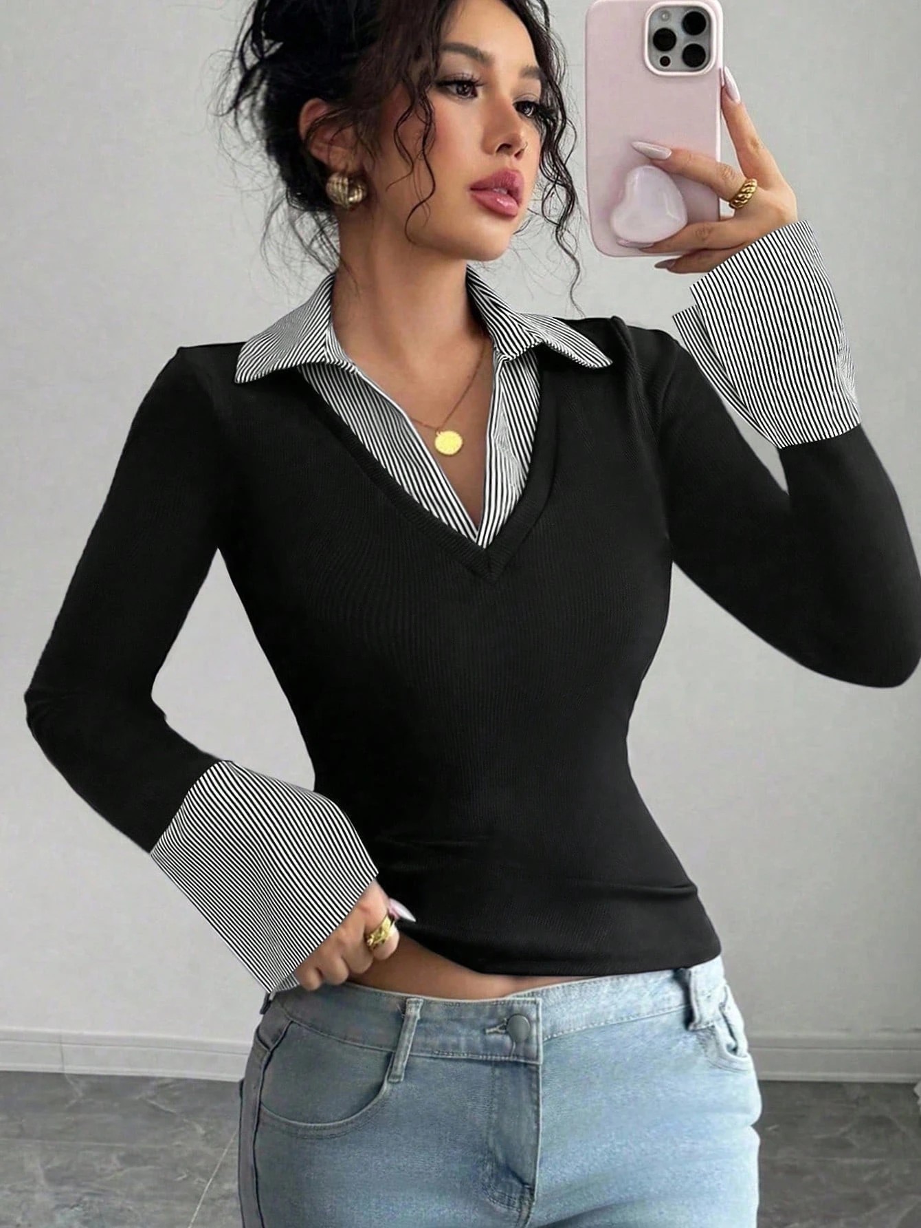 Striped V-Neck Colorblock Flare Top