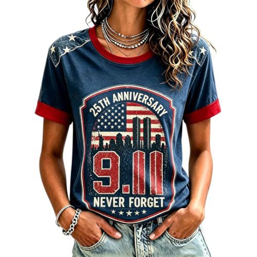 911 Twin Towers Ribbon Flag Print Short Sleeve T-Shirt
