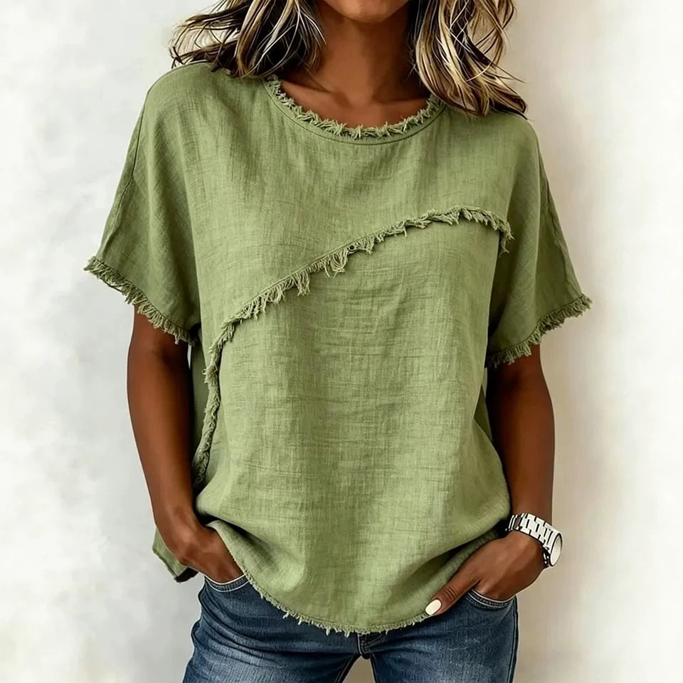 Women's Round Neck Loose Short Sleeve Paneled Top