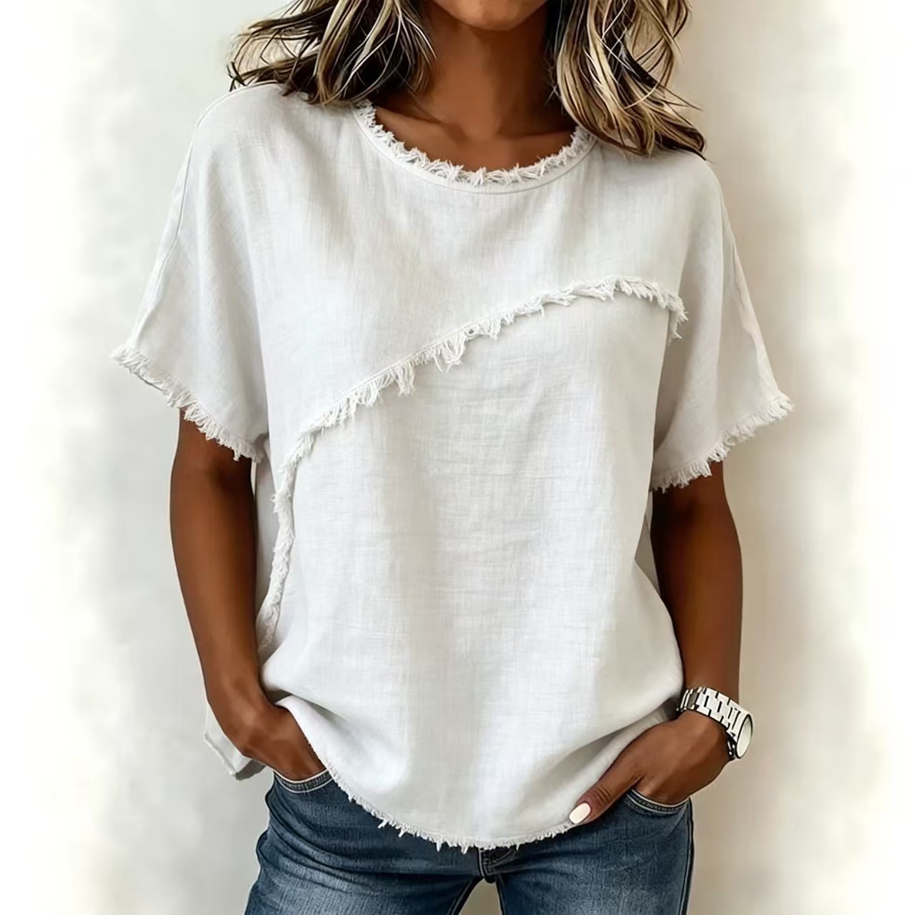 Women's Crewneck Short Sleeve Fringe Spliced Shirt