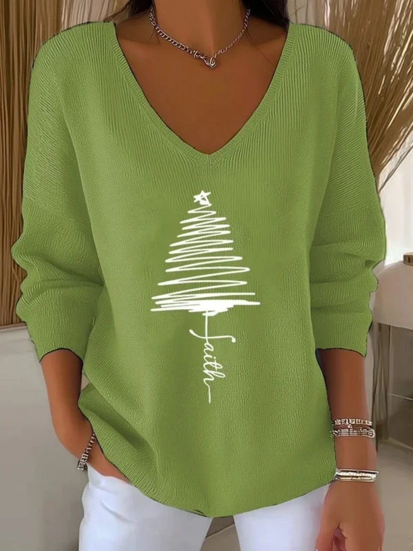 Christmas Tree Ribbon Print V-Neck Long-Sleeve T-Shirt