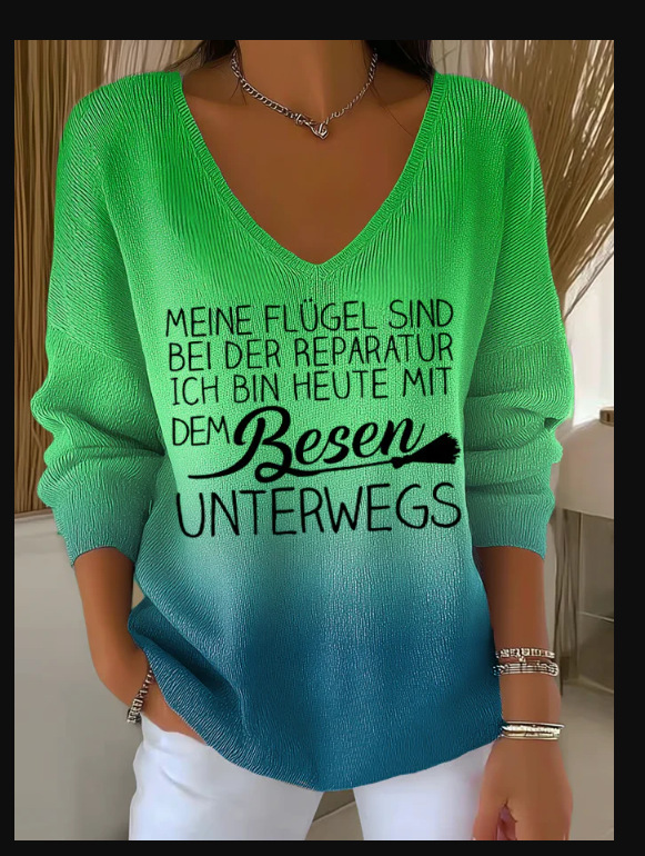 Women's Fruit Letter Valley Print V-Neck Long-Sleeve T-Shirt