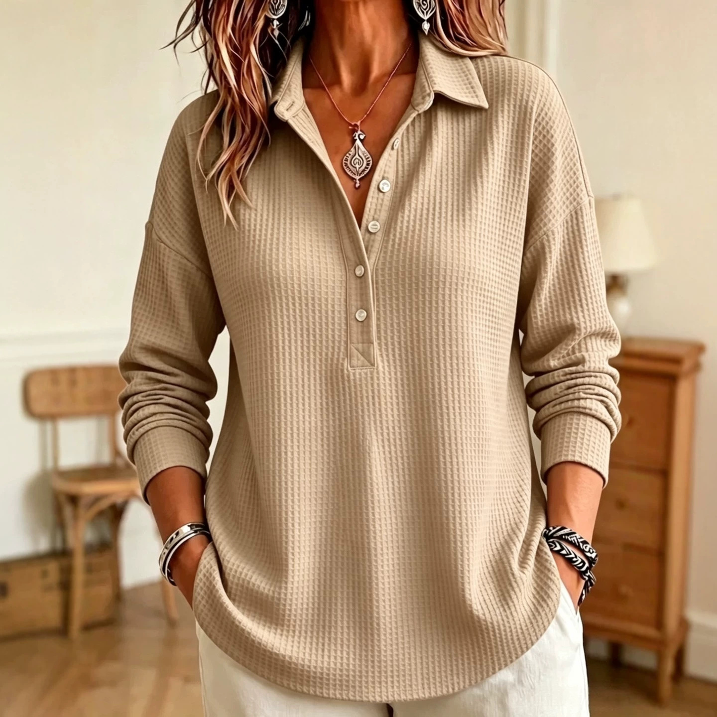 Women's Waffle Knit Collared Long Sleeve T-Shirt Loose Casual Pullover Top