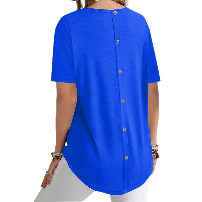 Women's Solid Color Elegant Round Neck Back Button T-Shirt