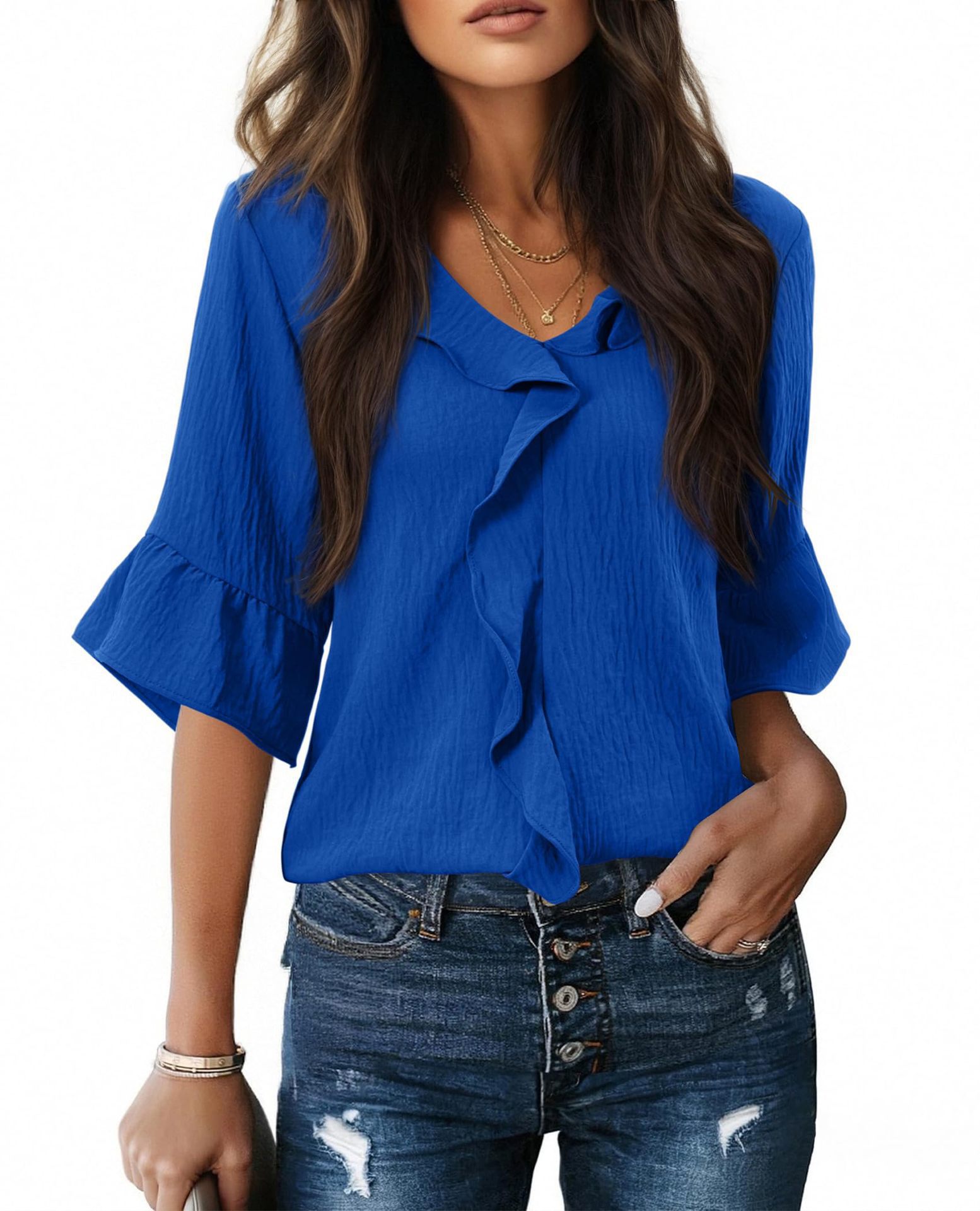V-Neck Ruffle Lantern Sleeve Casual Top