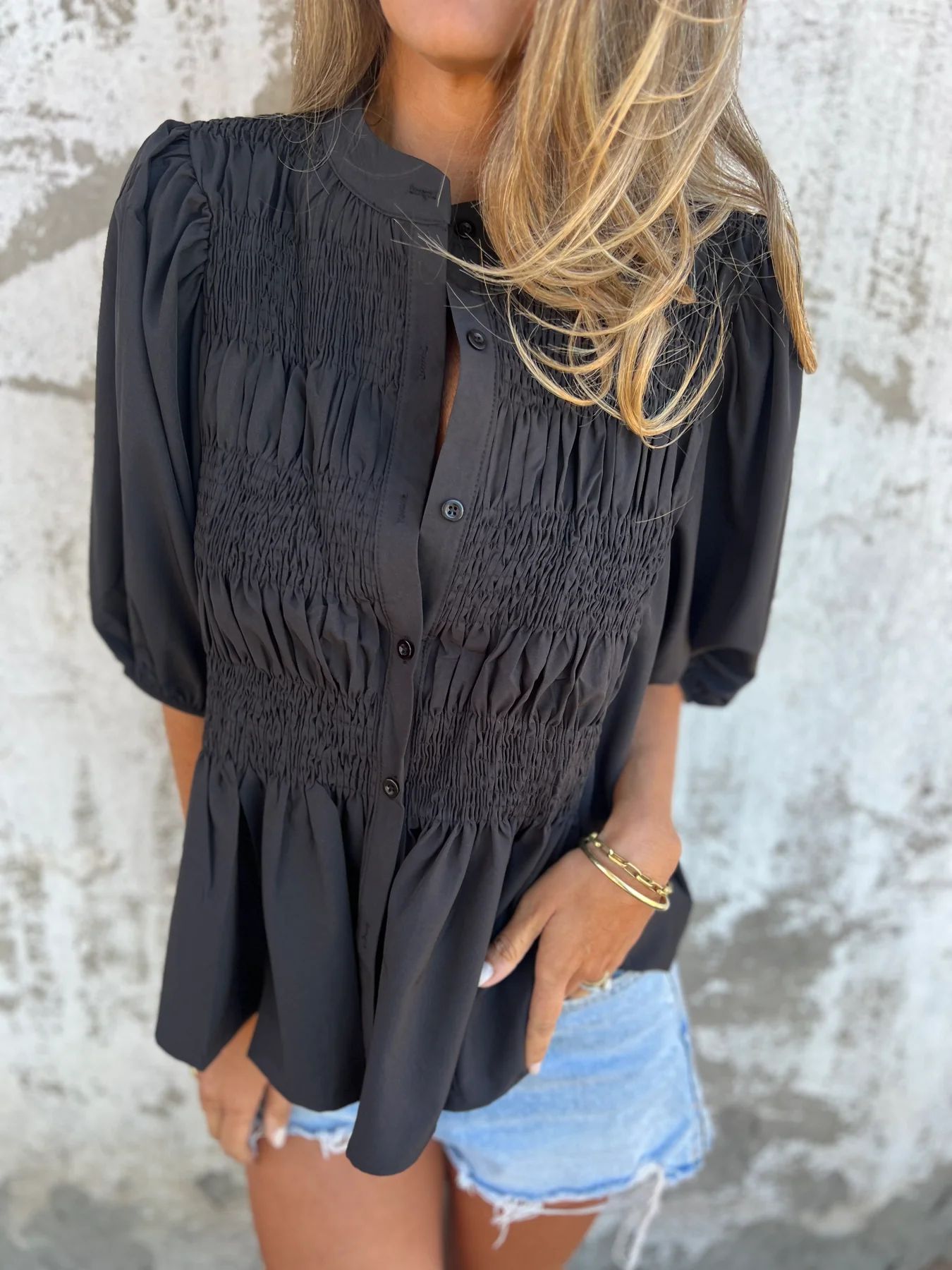 Women's Solid Crewneck Button-Down Smocked Short-Sleeve Blouse